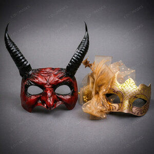 Red Devil Horn Demon Mask & Gold Tulle Glitter Masquerade Couple Mask Set